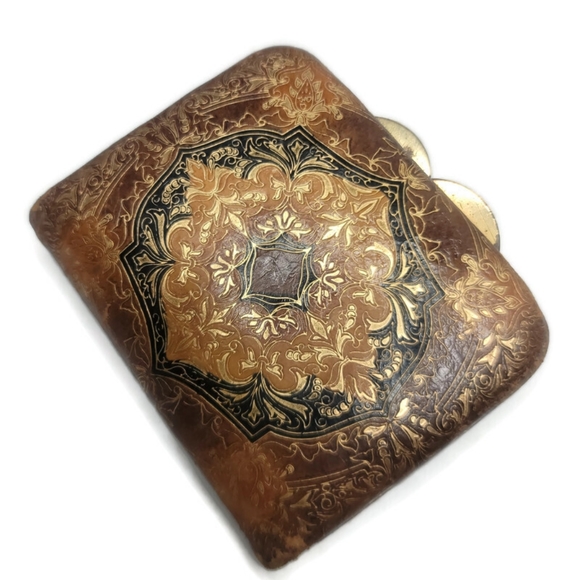 Leather school Florence Italy vintage kiss clasp tooled leather coin purse - Picture 8 of 10